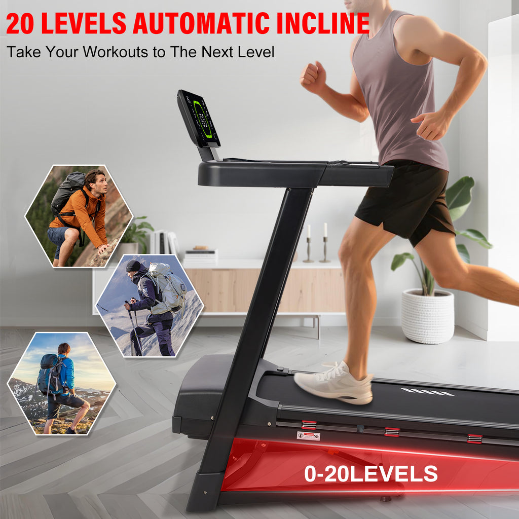Heavy Duty Treadmill with 20-Level Auto Incline, 0.6-12 MPH, 20" Wide Deck