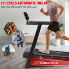 Heavy Duty Treadmill with 20-Level Auto Incline, 0.6-12 MPH, 20" Wide Deck