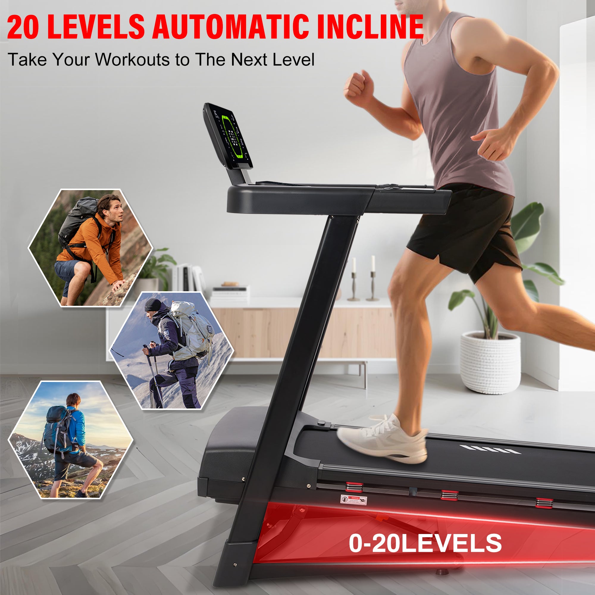 Heavy Duty Treadmill with 20-Level Auto Incline, 0.6-12 MPH, 20" Wide Deck