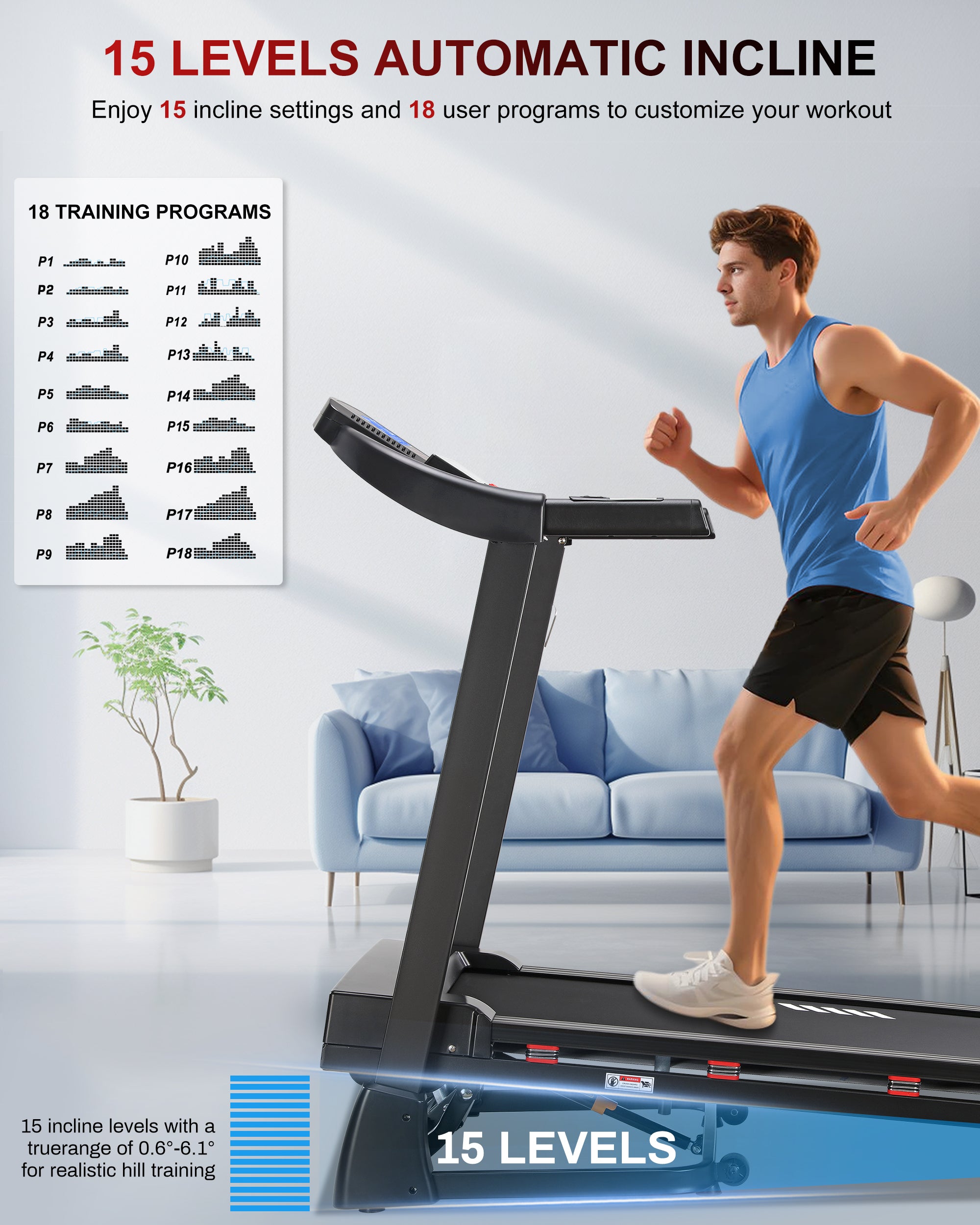 Treadmill with 15-Level Auto Incline, 3.5 HP, 350 LB Capacity, 18.11" Wide Running Belt