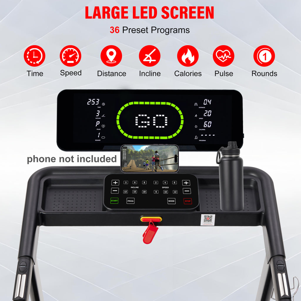 Heavy Duty Treadmill with 20-Level Auto Incline, 0.6-12 MPH, 20" Wide Deck