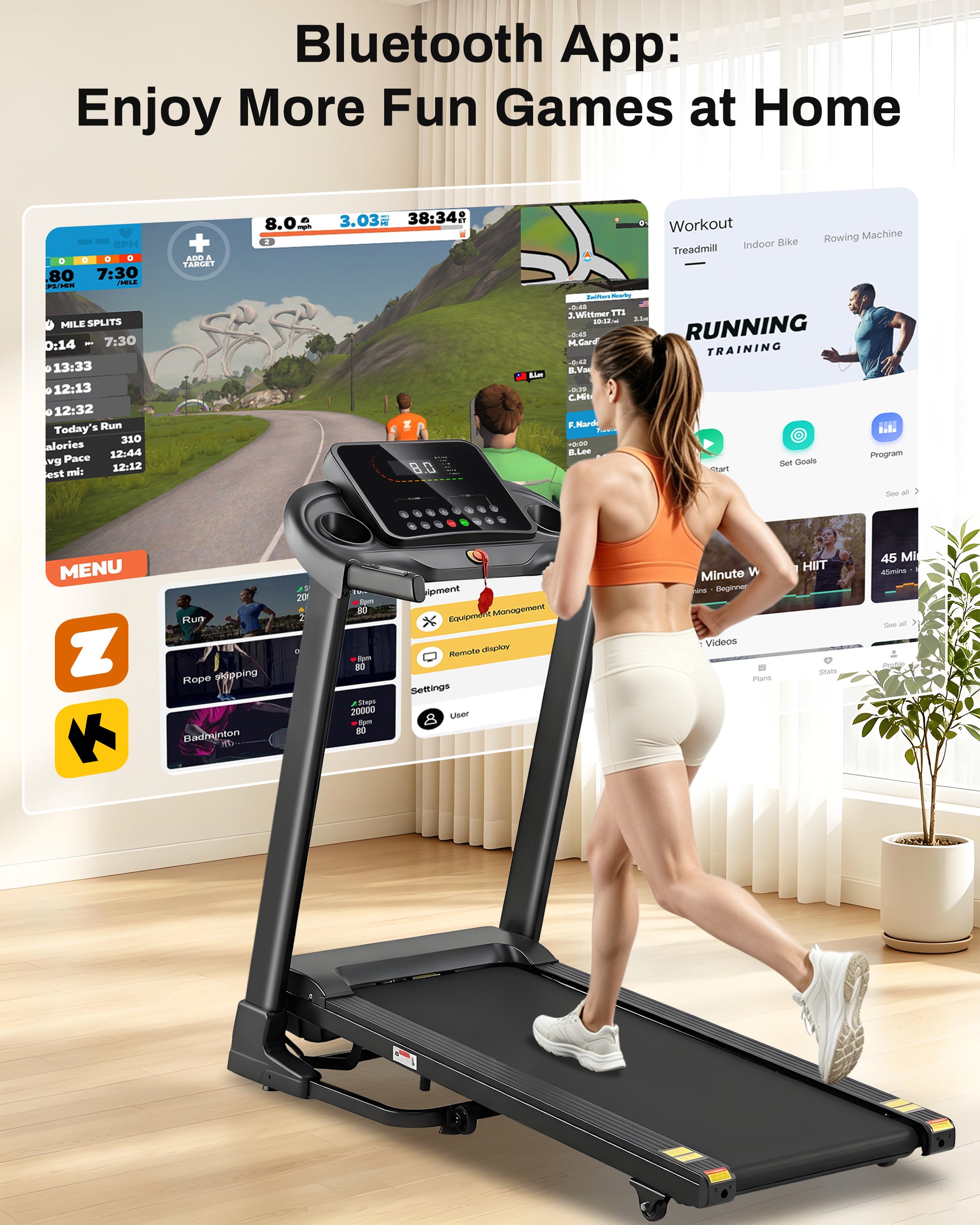 ECHANFIT Treadmills for Home with 3.0HP Motor, 300 lb Capacity, Shock Absorption, Bluetooth App, 15% Auto Incline