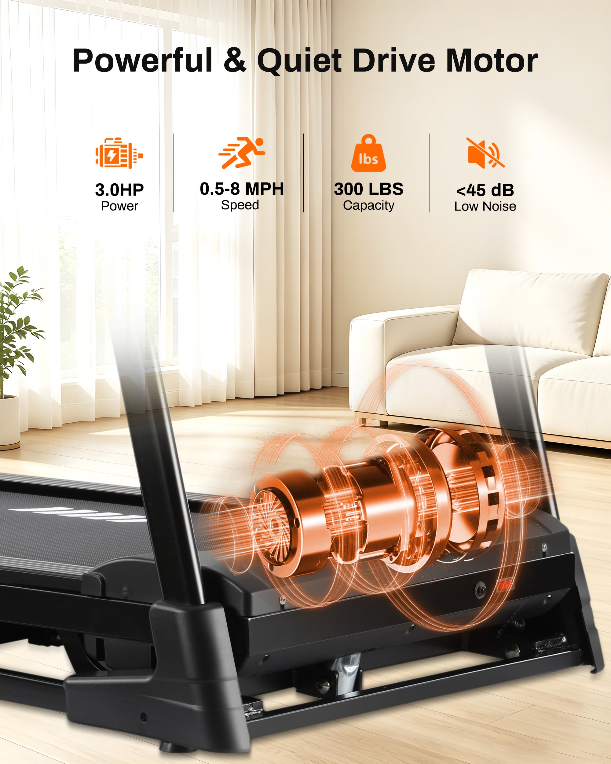 ECHANFIT Treadmills for Home with 3.0HP Motor, 300 lb Capacity, Shock Absorption, Bluetooth App, 15% Auto Incline